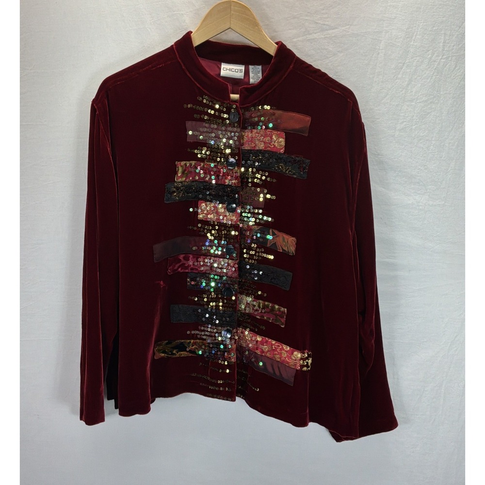 Chico's Red Velvet Jacket Sequin Patchwork Jacket Size 3/XL Holiday Silk Blend